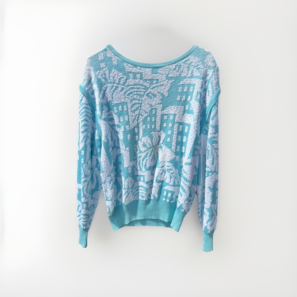 Vintage St. Croix Knits Sweater Mint Green White Abstract Cityscape M